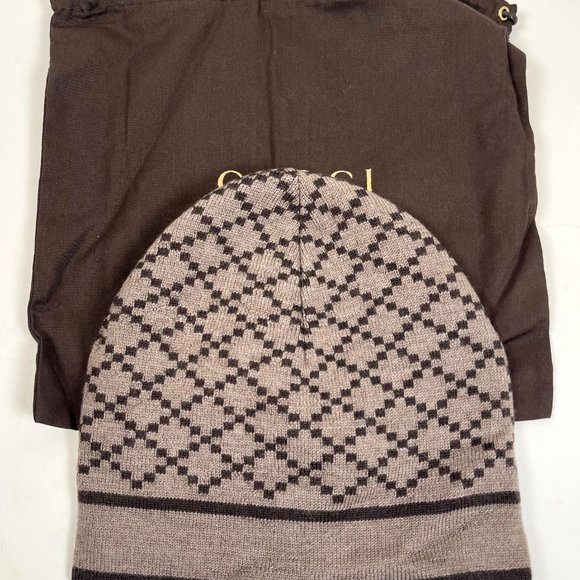 Gucci Men's Light Brown Wool Diamond Logo Print Beanie Hat - Picture 2 of 4